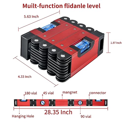 28-In Folding Level Tool, Magnetic Alloy Multi-Function Portable Level Measuring Tool with 4 Easy to Read Level Bubbles, Precise Leveling In Any Position for Woodworking & Construction & DIY'er - color: Red Folding Level Tool