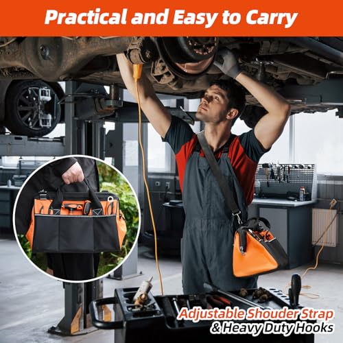 Tool Bag 14'', Thick Outer Pocket Tool Organizer Waterproof, Heavy Duty Tote with Shoulder Strap for Tool Storage, Black & Orange - size: 14 inch