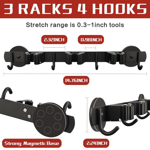 ULIBERMAGNET Magnetic Mop Broom Holder,Heavy Duty Movable Magnetic Broom Holder Rack,Anti-slip Wall Mounted Utility Storage Mop Shovel Hanger for Garage, Kitchen, Laundry, Garden(3 Racks / 4 Hooks) - style: 1 SET 3 Slot / 4 Hooks Magnetic Mop Rack