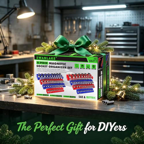 8-Piece Magnetic Socket Organizer Set, SAE & Metric Socket Holders for 1/4", 3/8", 1/2" Drive, Holds 199 Sockets, Rubber-Coated Toolbox Storage Trays, Blue and Red Tool Box Organizer - style: 8PCS Red/Blue