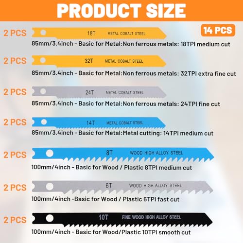 TIESOME 14Pcs U-Shank Jig Saw Blade Set, Carbon Steel Jig Saw Blades
