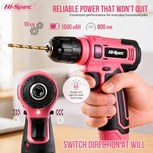 Hi-Spec 8V Cordless Drill Set & Starter Tool Kit for Women, Pink | Ladies, USB Drill Driver, Essential Hand Tools, Compact, Tidy Home Projects, Screwdriving, Repairs, Light-Duty - color: Pink, size: 47-Piece