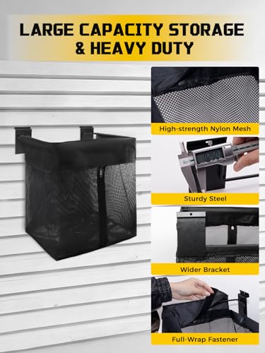 AZUNO 14 PCS Slatwall Accessories Kit - 2 Pack Large Mesh Slatwall Baskets with Front Zipper & 12 Pack Heavy Duty Slat Wall Hooks, Garage Storage & Organizer for Sports Gear, Toys, Tools - size: 2 Mesh Baskets+12 Hooks