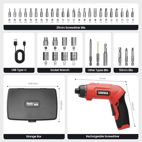 UNIWA Cordless Electric Screwdriver Rechargeable, 650 RPM Power Drill-Red - color: Red