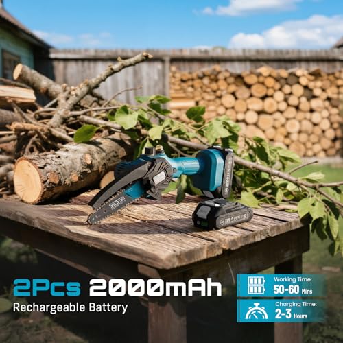 SEESII 6-Inch Mini Chainsaw Cordless with Oiler System - color: Light Blue