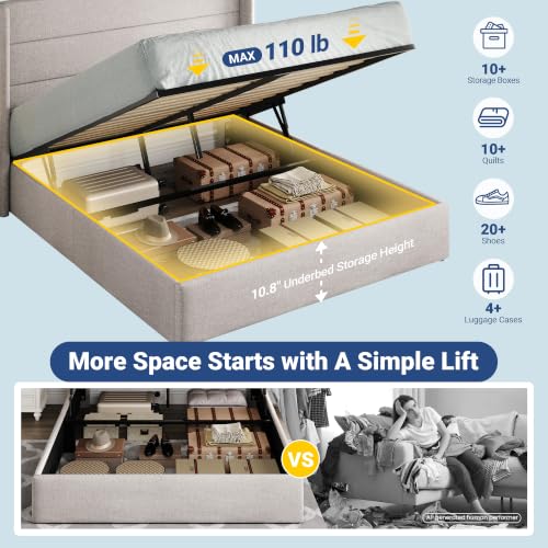 Allewie Full Size Lift Up Hydraulic Storage Bed Frame Light Beige - color: Beige, size: Full, style: Modern