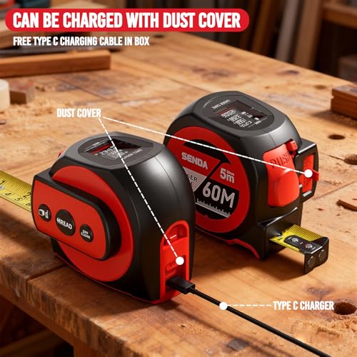 SENDA 3-in-1 Laser Tape Measure - 197Ft Rechargeable Laser Measuring Tape with Led Display & 16Ft Measuring Tool with Magnetic Hook & Auto Lock -20 Data Sets,Pythagorean/Area/Volume,Ft/Ft+in/in/M Unit - color: Red(USB-C Charge), size: 197 FT
