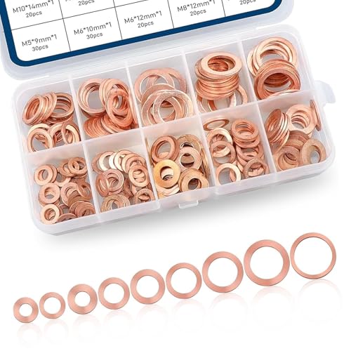 200 PCS Car Copper Washers Assortment Kit, Metric Copper Crush Washer, 9 Sizes Flat Sealing Washer Assortment Kit, Universal Copper Oil Pan Plug Sealing Gaskets for Cars (Gold)