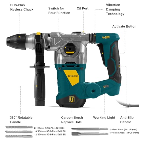Enventor Rotary Hammer Drill with Safety Clutch, 13 A, 1-1/4 Inch SDS-Plus