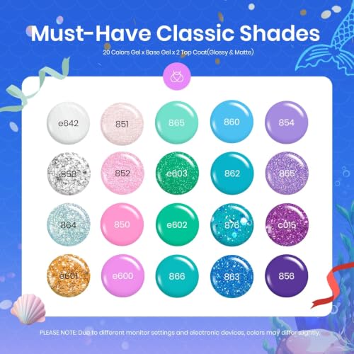 Beetles Purple Gel Nail Polish Set, 20 Colors Mermaid Gel Polish | Blue Green Pink Purple Shimmer Glitter Mermaid Gel Polish Kit with Base Top Coat Soak off Uv Nail Art Spring Gifts for Women - color: 20 Colors Mermaid Mantra