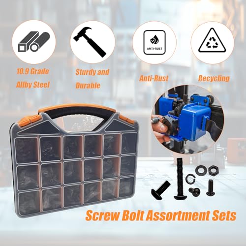3000PCS Metric Screw Assortment, M2 M3 M4 M5 Screw Assortment, Metric Machine Screws Kit, Hex Button Head Cap Screws and Nuts & Washers Kit, Screw & Bolt Assortment Sets, Grade 10.9 Black Alloy Steel