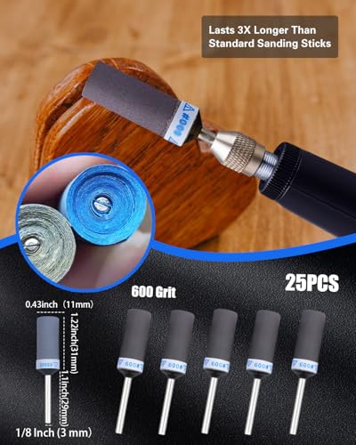 600 Grit Sanding Drums for Dremel Rotary Tools Accessories, 25PCS Sanding Bits Kit for Dremel Sanding Bands with 1/8 inch Shank, Sandpaper Sticks Set for Plastic Wood Metal Grinding Polishing - style: 600 Grit 25PCS