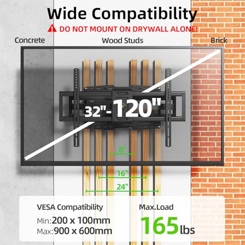 USX MOUNT 8" Sliding Design/Heavy Duty Full Motion TV Wall Mount for 32-120" TVs, Ultra-Large Dual Arm Mount for 16/18/24" Studs with Swivel,Tilt&Level/Preassembled, Max VESA 900x600 up to 165lbs - size: For 32" to 120" TVs