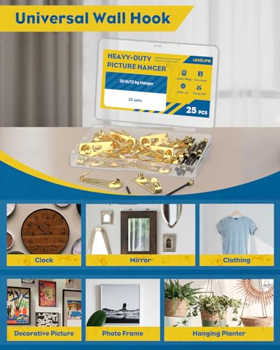 Uniclife 25 Pcs 30 lb Heavy Duty Picture Hangers for Drywall & Wood, Picture Hanging Hooks with Nails, Picture Hanging Hardware, Frame Hooks Picture Hooks for Hanging Photos Mirrors Paintings - size: 25 PCS, style: Gold