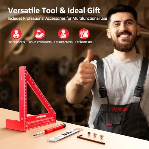 200mm 3D Multi-Angle Measuring Square Ruler, WT103D High Precision Hole Scribing Woodworking Tools, 0-90° Aluminum Alloy Carpenter Square Wood Working Tools, Carpenter Pencils 6 Refills. - color: 200mm Square+Pencil, style: Metric