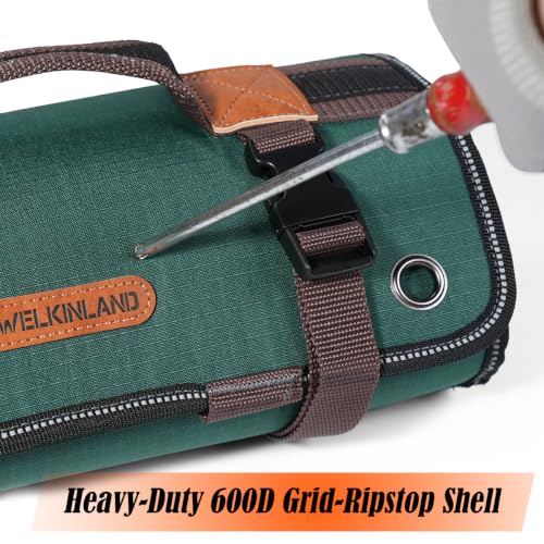 WELKINLAND 15-Pocket Tool Roll - Heavy-Duty, Green-RipStop, 15L Capacity