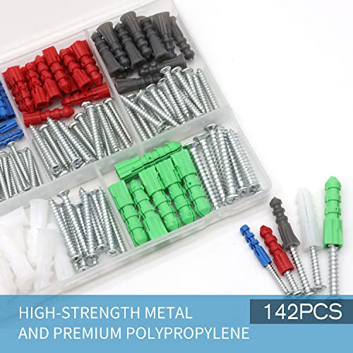 Drywall Anchors and Screws Kit 142Pcs, Wall Anchors and Screws for Drywall, Including 5 Different Sizes