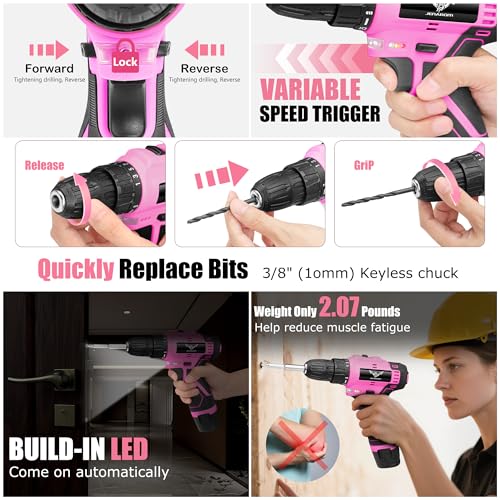 JENABOM Drill Set, 151-Piece Home Tool Set with 12V Pink Cordless Drill - color: Pink