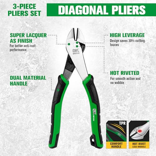 SK Pliers Set, 9.5'' Linesman, 8'' Diagonal & Needle Nose Pliers, 3-Piece - style: 3-Piece Pliers Set