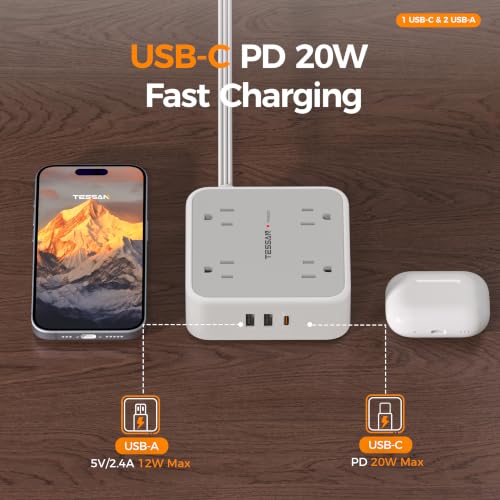 TESSAN Surge Protector Power Strip with 900J Surge Protection, 25 Ft, Grey - color: Grey with 1 USB C, size: 25 feet