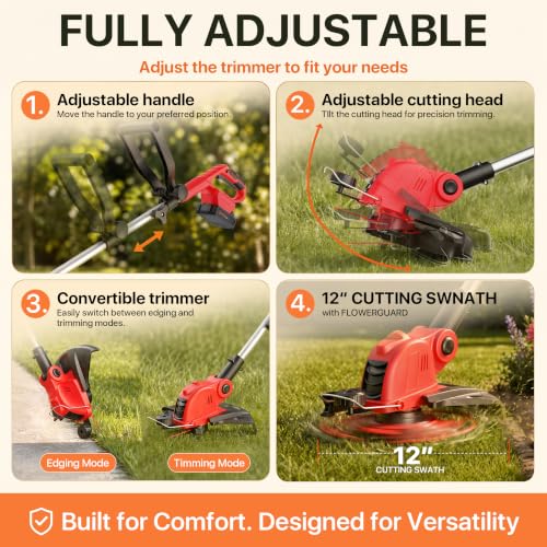 ALSO GO 21V Electric Weed Wacker with 2x2.5Ah Battery Powered Weed Eater - color: Red