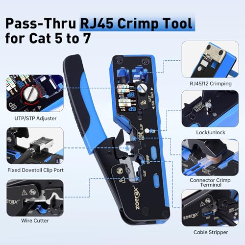 RJ45 Crimp Tool, Cat7 Cat6 Cat5 Crimping Tool Kit with Wire Cutter, Network Cable Tester, Mini Cable Stripper, 50xCat6 Connectors, 50xRJ45 Boots, Ethernet Crimper for Network Cable Installation