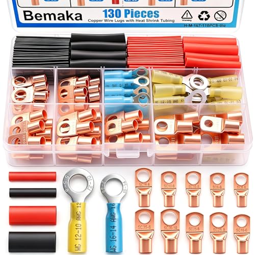 130Pcs Copper Wire Lugs Kit, Battery Terminal Connectors AWG 2 4 6 8 10 12 14 16 Gauge Heavy Duty Battery Cable Ends Ring Terminal Wire Connectors Kit with Heat Shrink Tubing - size: 130Pcs