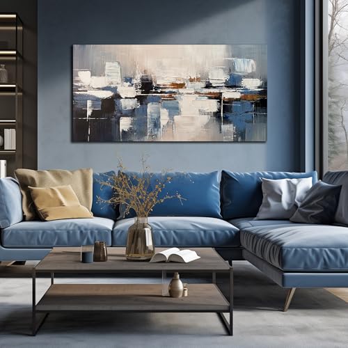 AUUZAIUA Abstract Canvas Wall Art Blue and White Oil Painting 24x48 Inch - size: 24"L x 48"W