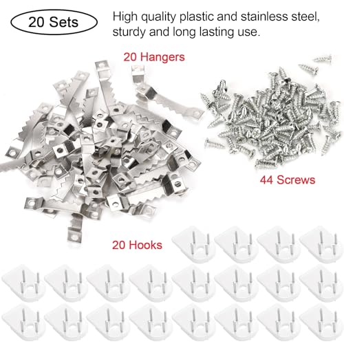 20 Kits Picture Frame Hangers Kits, Sawtooth Picture Hangers and Invisible Nail Hooks for Stucco, Brick, Drywall and Wooden Wall (Silver)