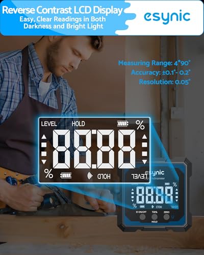 eSynic High Precision Digital Angle Finder with Laser-USB-C Rechargeable-4 Sides Magnetic Digital Angle Gauge-Rugged Aluminum Alloy Frame-for Construction (Laser Level: Class II Output: 0.51mW)