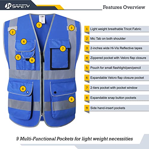 JKSafety Safety Vest for Men Women Reflective Hi Vis JK150 Blue M - color: Blue, size: Medium