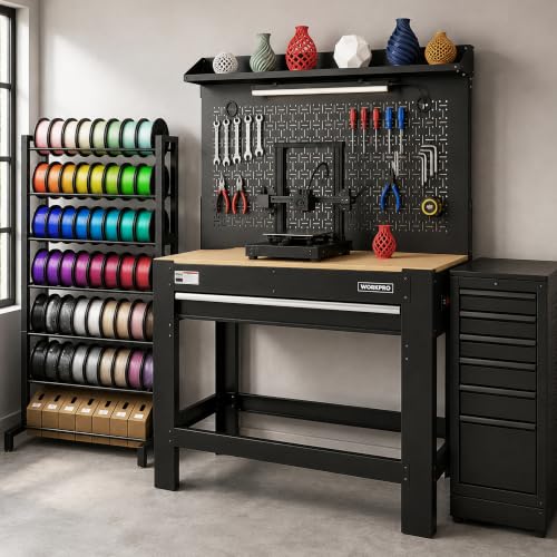 WORKPRO 45" Workbench with Pegboard, Power Outlet & LED Light - size: 48 inch