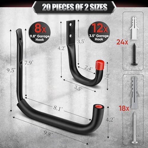 Nacial 20 Pack Heavy Duty Garage Hooks, 9.8" & 3.5" Wall Hooks with EVA Pad - size: 20