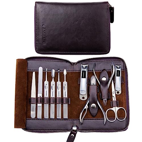 FAMILIFE Stainless Steel Manicure Set 11-in-1 Professional Nail Clipper Kit | Portable Leather Travel Case, Pedicure & Grooming Tools for Fingernails & Toenails, Luxury Gift for Men & Women, Dark Violet - color: Purple