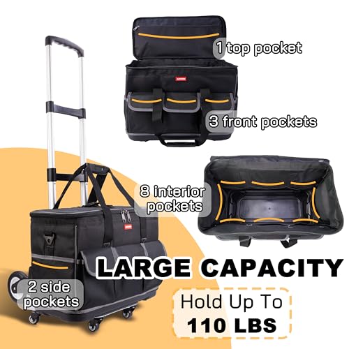 Rolling Tool Bag with Wheels - Aluminum Alloy Trolley for Electrician & HVAC