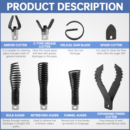 8-Piece Drain Snakes Drill Attachment, Used in 50FT-100FT Drain Cleaning Machine, Suitable for 5/16-inch to 3/4-inch Drain Snakes Cable, Tackle Tough Clogs with Precision