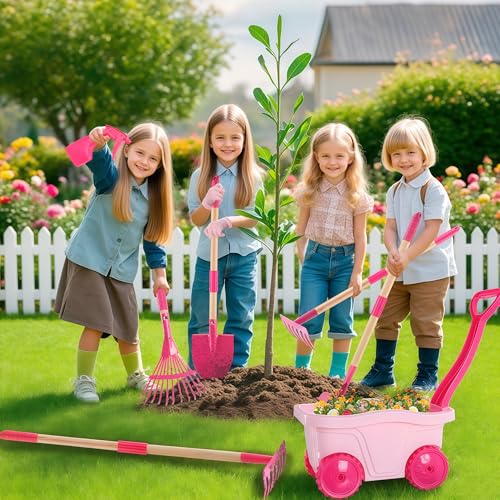 Duckura Kids Gardening Set with Wheelbarrow, Metal Garden Tools for Girls | Shovel, Rake, Lawn Digging & Weeding Kits toys, Outdoor Yard Birthday Gift Toy for Age 2 3+ years old - color: Pink-8pcs