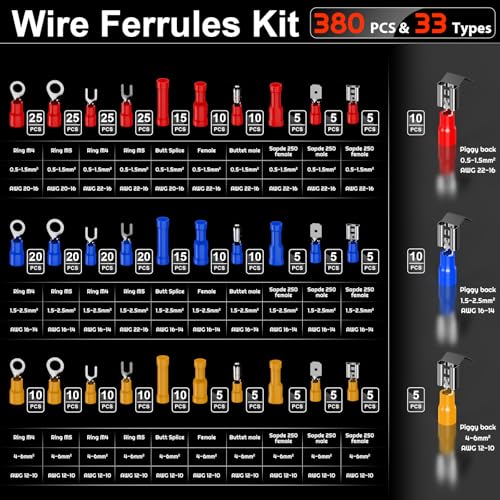 Preciva Crimping Tool for Insulated Terminals Wire Connectors, AWG20-10 Ratchet Crimper with Automatic Wire Stripper and 380 Pcs Insulated Terminals Connectors