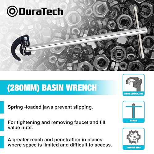 DURATECH 11" Basin Wrench, Sink Wrench, Adjustable Tap Nut Spanner Basin Spanner, Capacity of 3/8" to 1-1/4" for Fixing Back and Union Nuts Under Sink - size: Basin Wrench, style: Adjustable