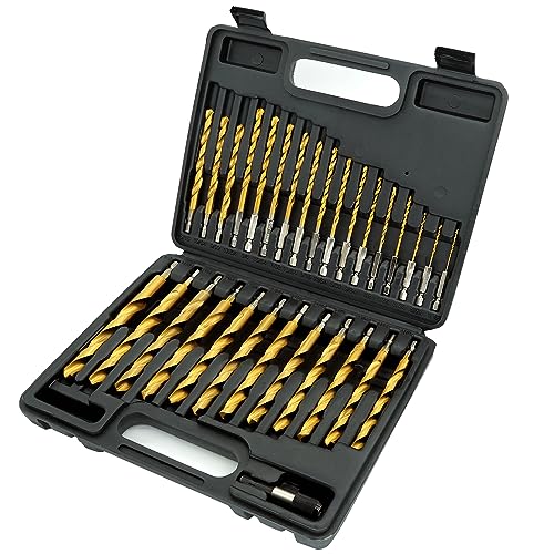 GMTOOLS 30 Pcs Titanium Impact Drill Bit Set, Hex Shank HSS Twist Drill Bits with Storage Case for Steel, Copper, Aluminum, Zinc Alloy, Wood and Plastics, Quick Change Design, 1/16"-1/2" - style: 30PCS