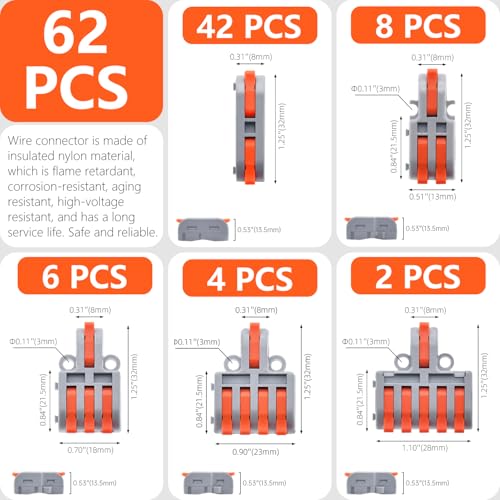 62Pcs Lever Wire Connectors, DIY Mini Compact Splicing Electrical Connectors Assortment Pack Kit for Quick Connect 24-12 AWG