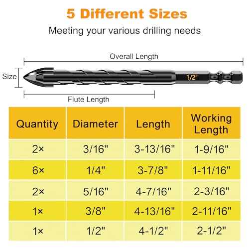 12Pcs Cross-Tip Masonry Drill Bit Set & Concrete Drill Bit Set, 3/16"-1/2" - size: 12 pcs 3/16"-1/2" Masonry Drill Bits