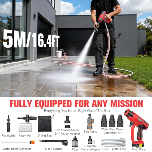 DIYtoolifz Cleaning Tool Compatible with Milwaukee 18V Battery, 2.2LBS, with 16.4ft Hose & 6-in-1 Nozzle + Attachment for Car, Patio, Fence (Battery not Included, Tool Only) - color: Red