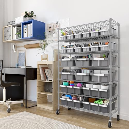 7-Tier NSF 22-Bin Steel Wire Shelving Rack, 36"W x 14"D x 56"H, Gray | 22 slide-out bins with tilt-lock design keep supplies organized and accessible - color: Gray, size: 22 Bin