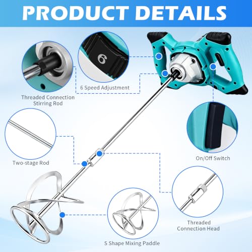 Electric Concrete Mixer 2100W with 6 Adjustable Speed Handheld