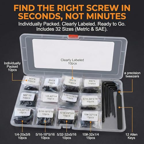360 Pcs Set Screws Assortment Kit (32 Sizes, Metric & SAE) – 12.9 Alloy Steel Hex Socket Grub Screws with Allen Keys for Door Handles, Bathroom Fixtures, Knobs & Machinery