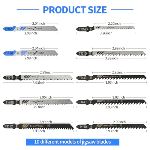 10 PCS Jigsaw Blades,High Carbon Steel Assorted T-Shank jig Saw Blades for Wood, Metal, Plastic Cutting(T101B,T101BR,T101D,T144D,T244D,T111D,T111C,T118A,T118B,T101A0) - size: 10PCS