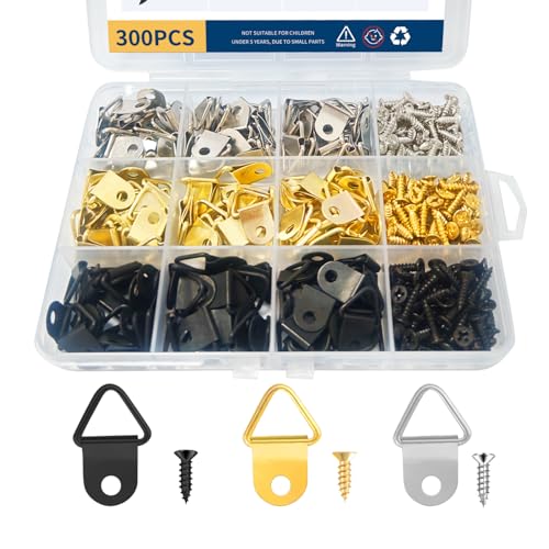 150 Pack Triangle D Ring Hangers for Picture Frame Canvas Mirror Hanging, 3-Color Gold Silver Black 50 Each, Heavy Duty Metal Picture Hanging Hardware Kit with Screws