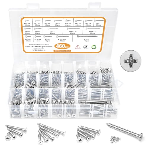 460PCS Stainless Steel Wood Screws Assortment Kit, 18 Sizes #4#6#8#10#12 Flat Head Sheet Metal Screws Self Tapping Screws Set for Wood Deck Drywall Concrete Screws, Length 1/4" to 2" - style: Silver Flat Head 460PCS