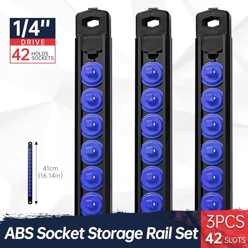 Reniteco Magnetic Socket Organizer, 3-Piece 1/4-Inch Drive ABS Sockets Rail, Heavy Duty Sockets Holder, Socket Rack Kit 1/4-Inch x 42 Clips - color: Blue, size: 3 Pcs 1/4" DR